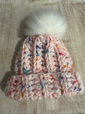 Cozy Pink Confetti Knit Beanie with White Faux-Fur Pom
